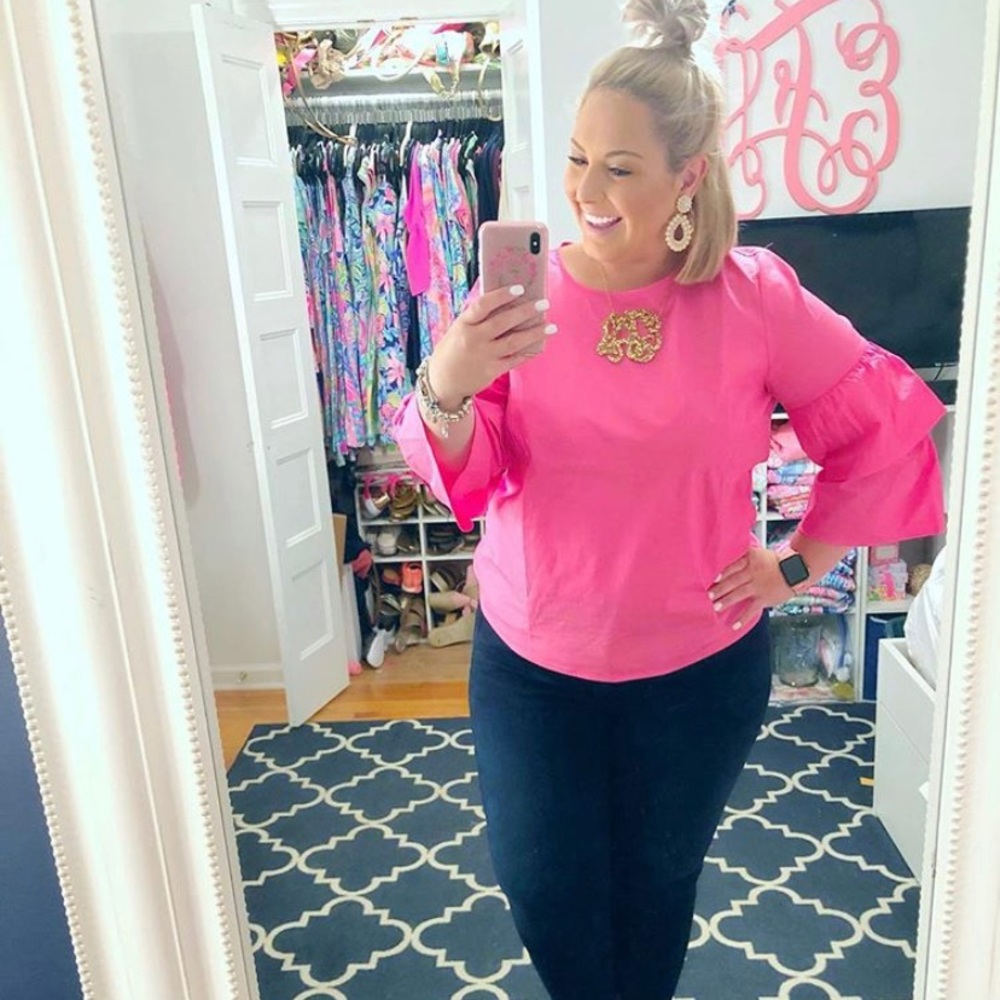 Bright pink J. Crew ruffle sleeve blouse